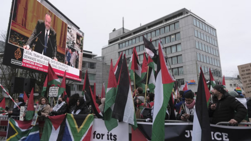 Protesters carry flags and banners outside the International Court of Justice in The Hague, Netherlands