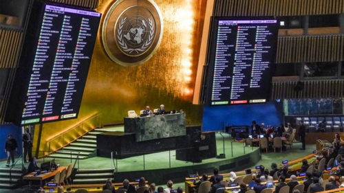 Results are displayed as the U.N. General Assembly voted for a non-binding resolution calling for a "humanitarian truce" in Gaza 