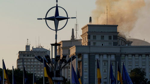 Smoke rises from the Cabinet of Ministers building after a Russian strike in Kyiv