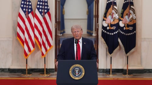 President Donald Trump speaks about the Iran war from the Cross Hall of the White House