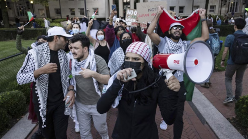 Palestinian supporters march on Columbia University’s campus.