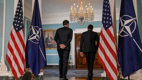 Secretary of State Marco Rubio, right, and NATO Secretary General Mark Rutte, left, depart a photo opportunity at the State Department on April 8, 2026.