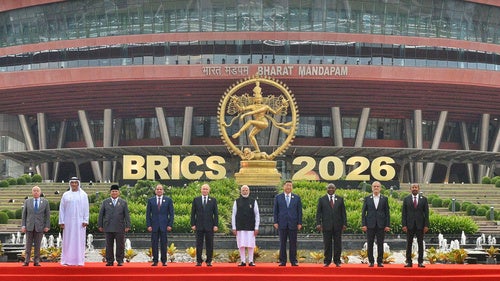 World leaders pose for a group photo during the BRICS summit in New Delhi