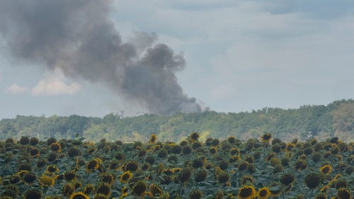 Smoke rises above warehouse stores behind a sunflower field following a Russian air attack in Kyiv, Ukraine