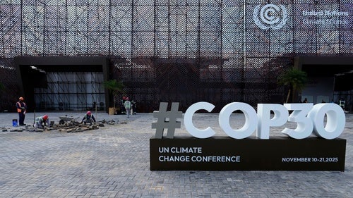 A sign for the upcoming COP30 U.N. Climate Summit sits outside of the press center in Belem, Brazil, Monday, Nov. 3, 2025.