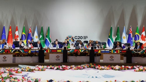 Leaders attend a plenary session, on the opening day of the G20 Summit, in Johannesburg, South Africa, Saturday, Nov. 22, 2025