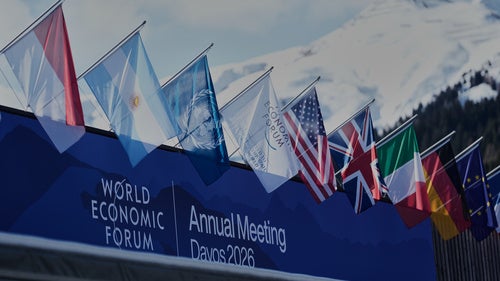 Flags decorate the Congress Center where the Annual Meeting of the World Economy Forum take place in Davos, Switzerland, Monday, Jan. 19, 2026. 