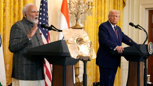 India's Prime Minister Narendra Modi speaks as President Donald Trump listens during a news conference in the East Room of the White House, Thursday, Feb. 13, 2025, in Washington.