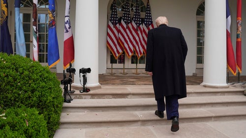President Donald Trump departs after signing an executive order at an event to announce new tariffs in the Rose Garden of the White House, Wednesday, April 2, 2025, in Washington.