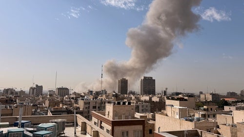 Smoke rises on the skyline after an explosion in Tehran, Iran, Saturday, Feb. 28, 2026.