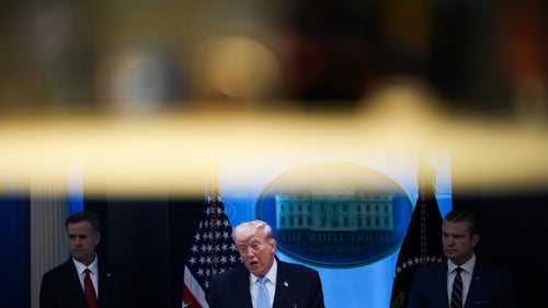 President Donald Trump, accompanied by Defense Secretary Pete Hegseth and CIA Director John Ratcliffe, speaks with reporters in the James Brady Press Briefing Room at the White House, Monday, April 6, 2026, in Washington.