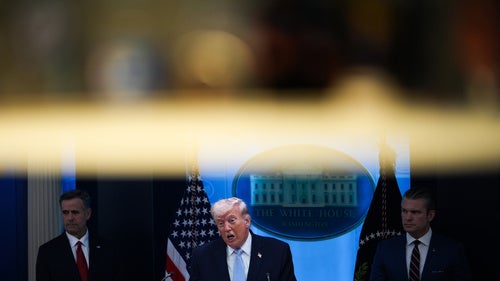 President Donald Trump, accompanied by Defense Secretary Pete Hegseth and CIA Director John Ratcliffe, speaks with reporters in the James Brady Press Briefing Room at the White House, Monday, April 6, 2026, in Washington.
