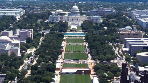 The U.S. Capitol backdrops the National Mall where construction crews prepare The Mall for the 250 anniversary celebrations, Thursday, May 28, 2026, in Washington.