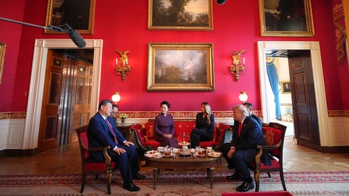 President Donald Trump, from right, and first lady Melania Trump attend a tea with China's President Xi Jinping, from left, and his wife Peng Liyuan in the Red Room of the White House, Friday, Sept. 25, 2026, in Washington.