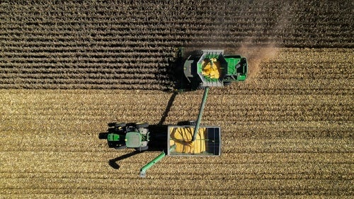 A combine, top, harvests corn while unloading grain into a wagon, bottom, Tuesday, Oct. 10, 2023, at a farm near Allerton, Ill. 