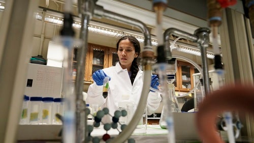 Soil researcher Asmita Gautam, a Ph.D. candidate at Purdue University, prepares a soil sample for carbon content analysis, July 13, 2023, in West Lafayette, Ind. 