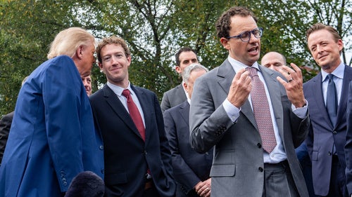 President Donald Trump, left, speaks with Meta CEO Mark Zuckerberg as Dario Amodei, CEO and co-founder of Anthropic as he speaks with reporters outside the West Wing of the White House, Tuesday, Sept. 29, 2026, in Washington.