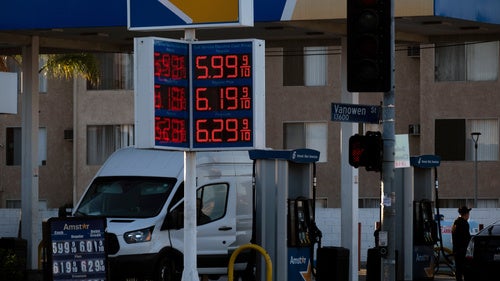 Gas prices are displayed on a gas station in Los Angeles on Tuesday, October. 13, 2026.