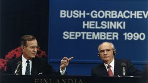 US President George H. W. Bush and Soviet Predident Mikhail Gorbachev hold a press conference at the Helsinki Summit, Finland on September 9, 1990.