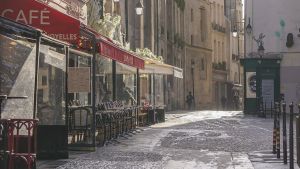 An empty cafe in Paris in the beginning of the coronavirus pandemic. 