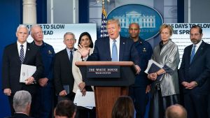 President Donald J. Trump, joined by Vice President Mike Pence and members of the White House Coronavirus Task Force, delivers remarks at a coronavirus update briefing Monday, March 16, 2020, 
