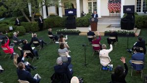 U.S. President Donald Trump takes questions as he addresses the daily coronavirus task force briefing in the Rose Garden at the White House in Washington, U.S., April 15, 2020