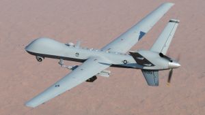 An MQ-9 Reaper unmanned aerial vehicle flies a combat mission over southern Afghanistan