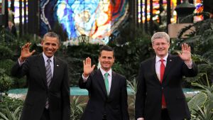 U.S. President Barack Obama, Mexican President Enrique Peña Nieto, and Canadian Prime Minister Stephen Harper at the North American Leaders' Summit in Toluca, Mexico on February 19, 2014.
