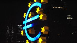 Euro sign in Frankfurt, Germany, at night.