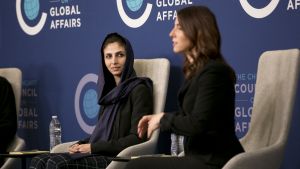 Two women having a discussion on-stage during the International Women's Day: Tech Trailblazers For Social Good event.