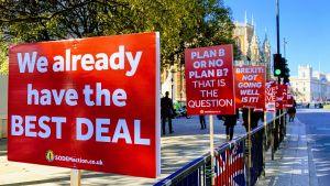 Brexit signs seem outside of Westminster, London.