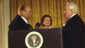 The swearing in of President Gerald Ford by Supreme Court Chief Justice Warren Burger.