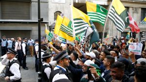 Demonstrators protest the scrapping of the special constitutional status in Kashmir by the Indian government, outside the Indian High Commission in London