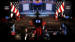 Workers prepare for the first 2020 Presidential Debate at Hofstra University