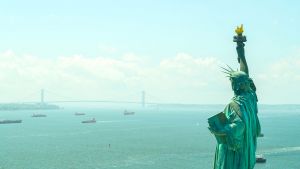 Aerial view of the Statue of Liberty in New York City. 