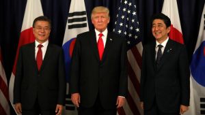 President Moon Jae-In, President Trump, and Japanese Prime Minister Shinzo Abe.