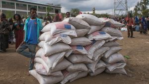People wait at a USAID food distribution centre in Ethiopia.