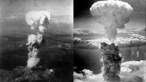 Left: Mushroom cloud over Hiroshima; Right: Atomic Cloud Rises Over Nagasaki