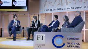 Panelists sit on the stage at the 2019 Pritzker Forum on Global Cities.