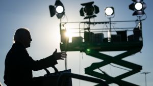 Biden speaks to a crowd on the 2020 campaign trail