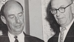 Black and white photo of Adlai Stevenson and former Illinois governor Richard Templeton.