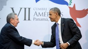 Handshake between President Obama and Cuban President Raúl Castro during the Summit of the Americas in Panama City, Panama.
