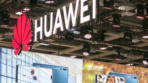A Huawei sign at a conference. 