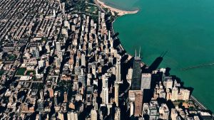 Aerial view of the city of Chicago and its lakefront