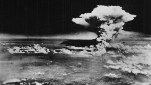 An atomic cloud over Hiroshima, taken on board the Enola Gay, the plane that dropped the bomb.
