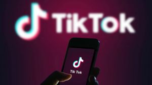 An image of a wall and phone with "TikTok" written on them. 