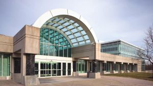 The entrance to the CIA New Headquarters Building (NHB) of the George Bush Center for Intelligence.