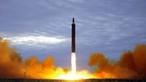 Photo from North Korea's official Korean Central News Agency showing North Korea's intermediate-range strategic ballistic missile Hwasong-12 lifting off at an undisclosed location near Pyongyang on Aug. 29, 2017