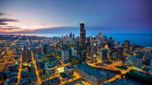 Aerial view of downtown Chicago at dawn