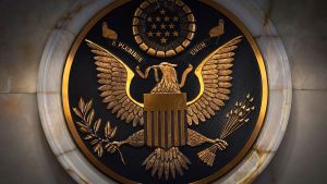 The Great Seal of the United States in a courtroom
